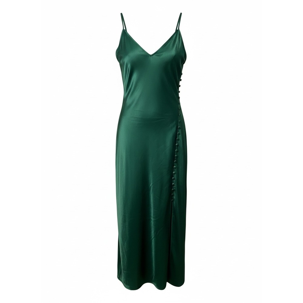 Banana Republic Green Satin Side Button Slit Midi Slip Dress Size 14